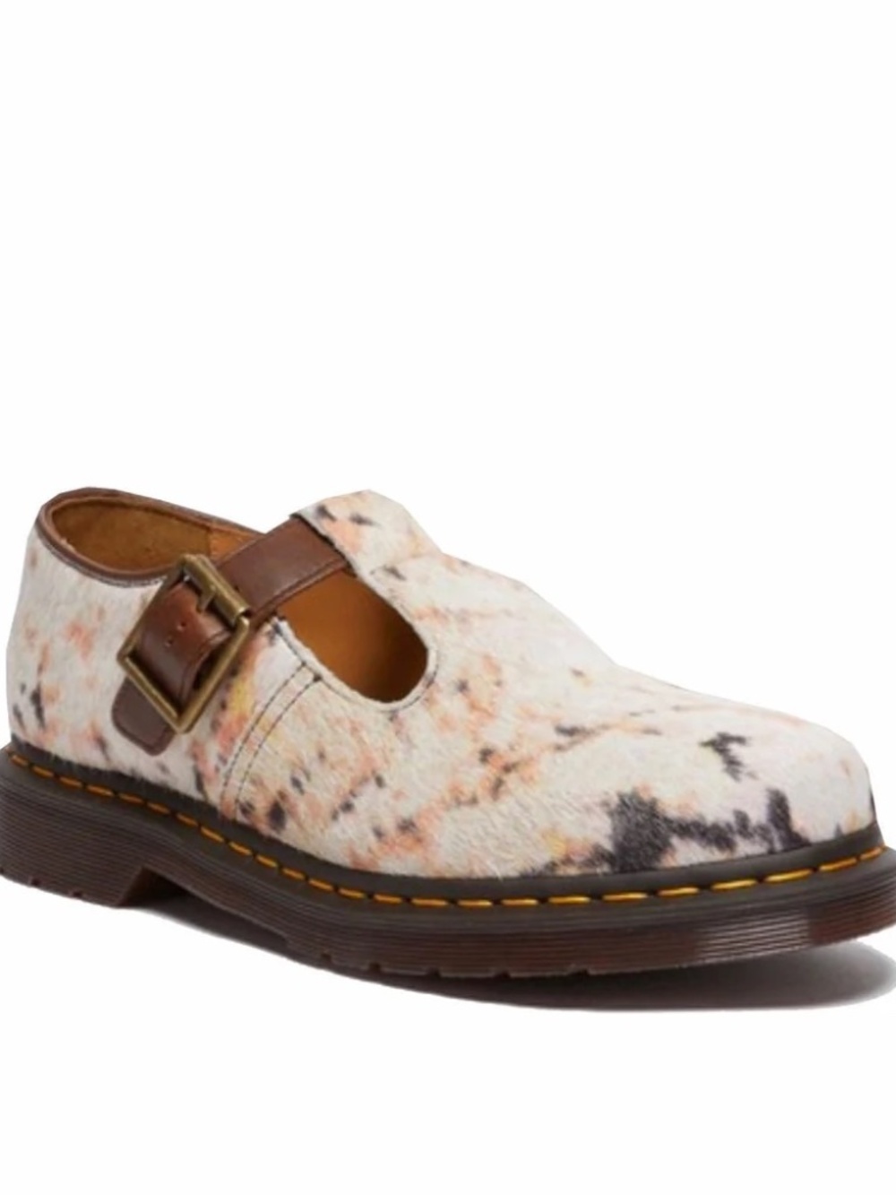 new women's 9 Dr. Martens T-Bar Mary Jane Abstract Butterscotch Hair On